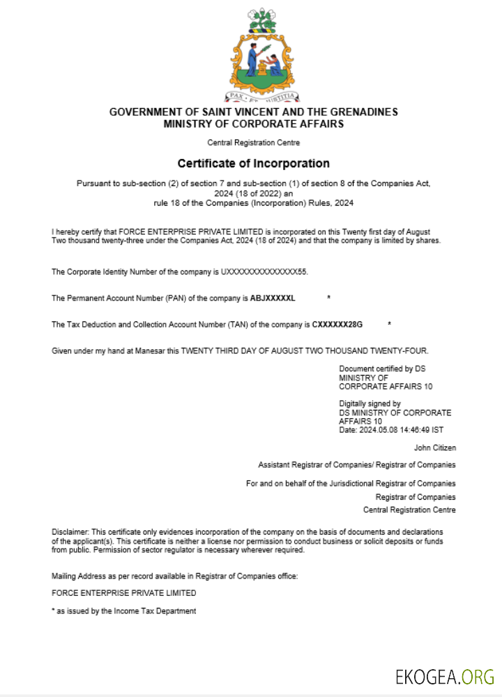 Modèle Word et PDF de certificat d'enregistrement d'entreprise à Saint Vincent et les Grenadines